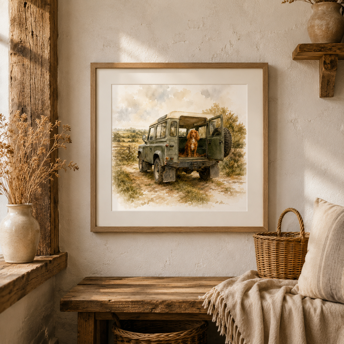 A framed art print depicting an olive green off-road vehicle with a dog in the back, styled on a rustic wall above a wooden bench in a warm, cozy interior setting.