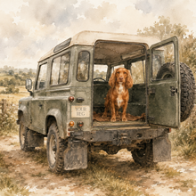 A watercolor-style artwork showing an olive green off-road vehicle parked on a dirt path, with a brown dog sitting inside the open rear doors. The scene includes trees, grass, and a cloudy sky, and the back of the vehicle has a sign reading 'YOUR REG'.