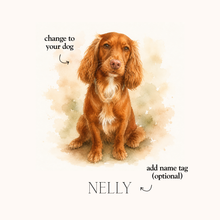 Custom pet portrait illustration template showing a brown and white dog on a cream background with placeholder text reading 'change to your dog', 'add name tag (optional)', and the name 'NELLY' at the bottom.