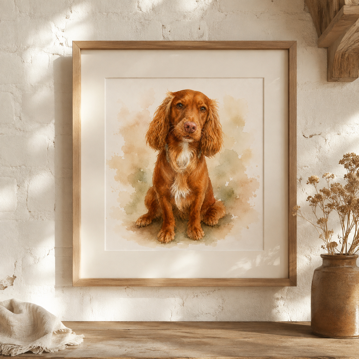 A framed watercolor-style personalised portrait print of a reddish-brown dog with a white chest, displayed on a wooden surface against a white textured wall. A rustic brown vase with dried stems sits to the right, and a folded cream textile is at the lower left. Personalised watercolour dog portrait print in, custom pet gift, 5 x 5", 6 x 6", 6x4", 6.5 x 4.5", 7x5", 5 x 3.5", 8 x 6", 10 x 8", 12 x 8",  12 x 12", 17.5 x 12", 23.5 x 15.5", 29.5" x 19.5"